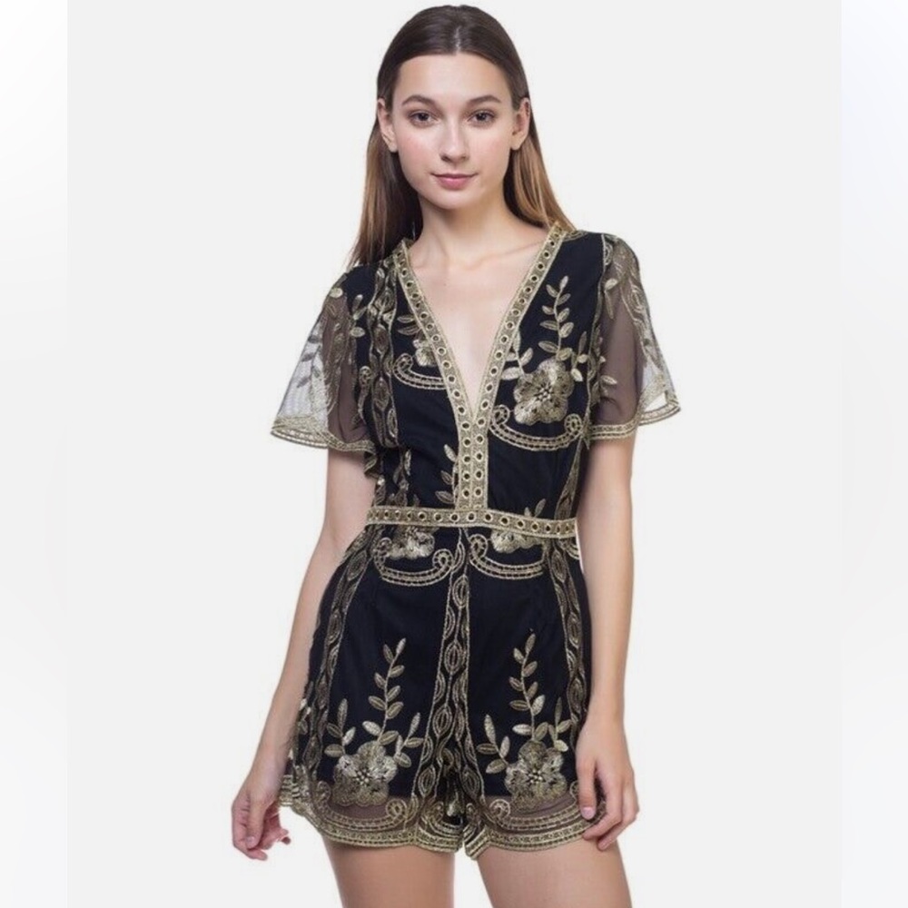 Haute Monde Black & Gold Embroidered Romper NWT [CL2]